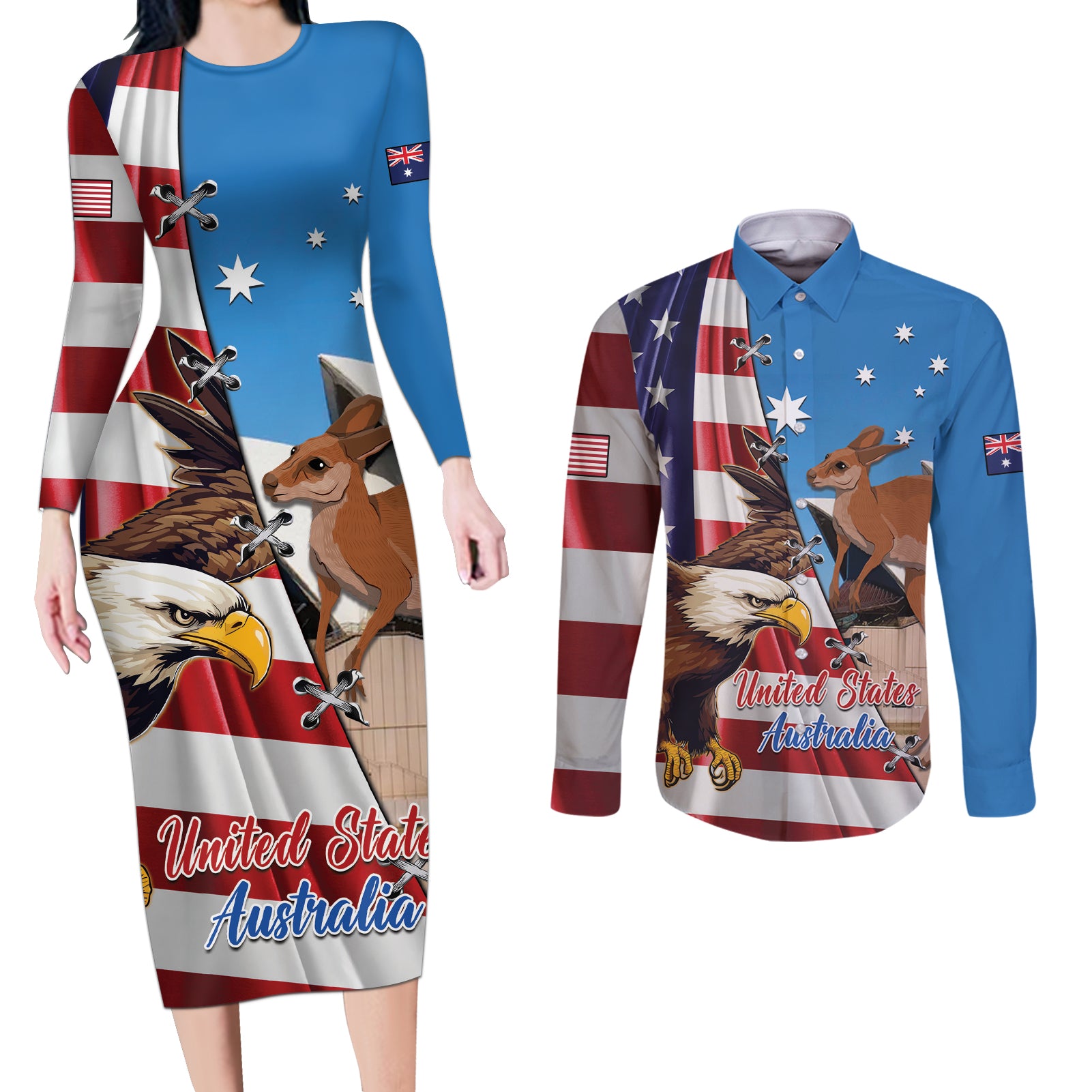 Personalised United States And Australia Couples Matching Long Sleeve Bodycon Dress and Long Sleeve Button Shirt USA Eagle With Aussie Kangaroo - Wonder Print Shop