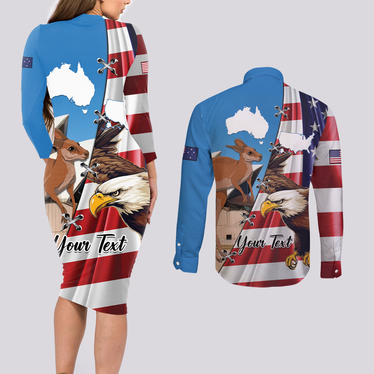 Personalised United States And Australia Couples Matching Long Sleeve Bodycon Dress and Long Sleeve Button Shirt USA Eagle With Aussie Kangaroo - Wonder Print Shop