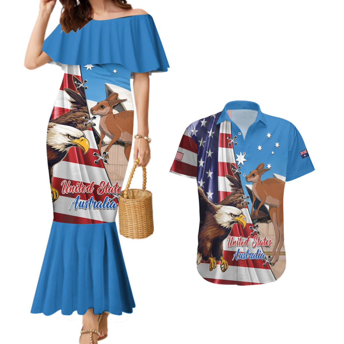 Personalised United States And Australia Couples Matching Mermaid Dress and Hawaiian Shirt USA Eagle With Aussie Kangaroo - Wonder Print Shop