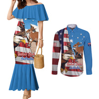 Personalised United States And Australia Couples Matching Mermaid Dress and Long Sleeve Button Shirt USA Eagle With Aussie Kangaroo