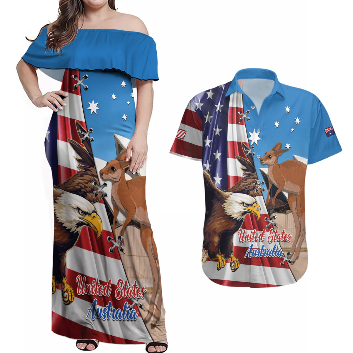 Personalised United States And Australia Couples Matching Off Shoulder Maxi Dress and Hawaiian Shirt USA Eagle With Aussie Kangaroo - Wonder Print Shop