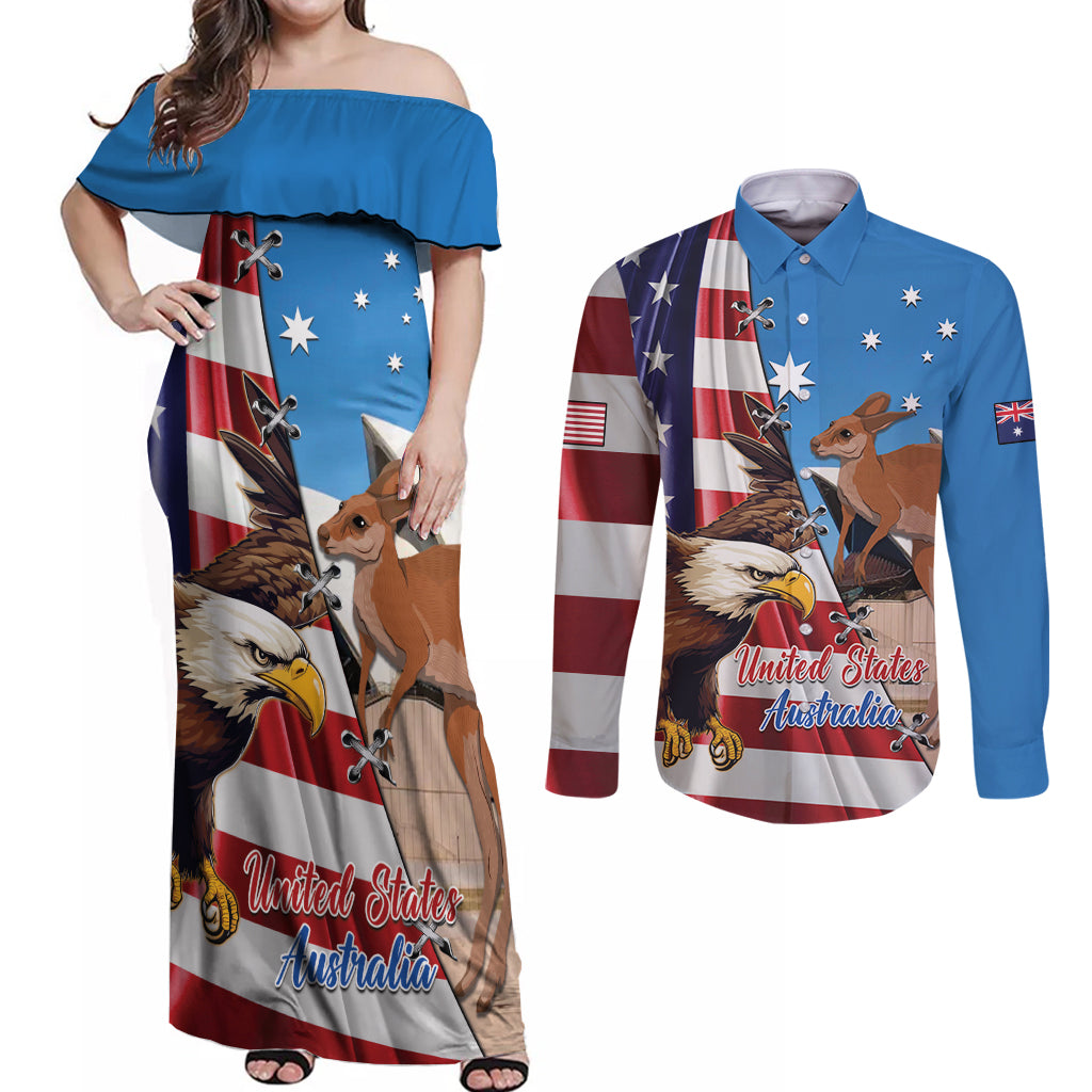 Personalised United States And Australia Couples Matching Off Shoulder Maxi Dress and Long Sleeve Button Shirt USA Eagle With Aussie Kangaroo - Wonder Print Shop