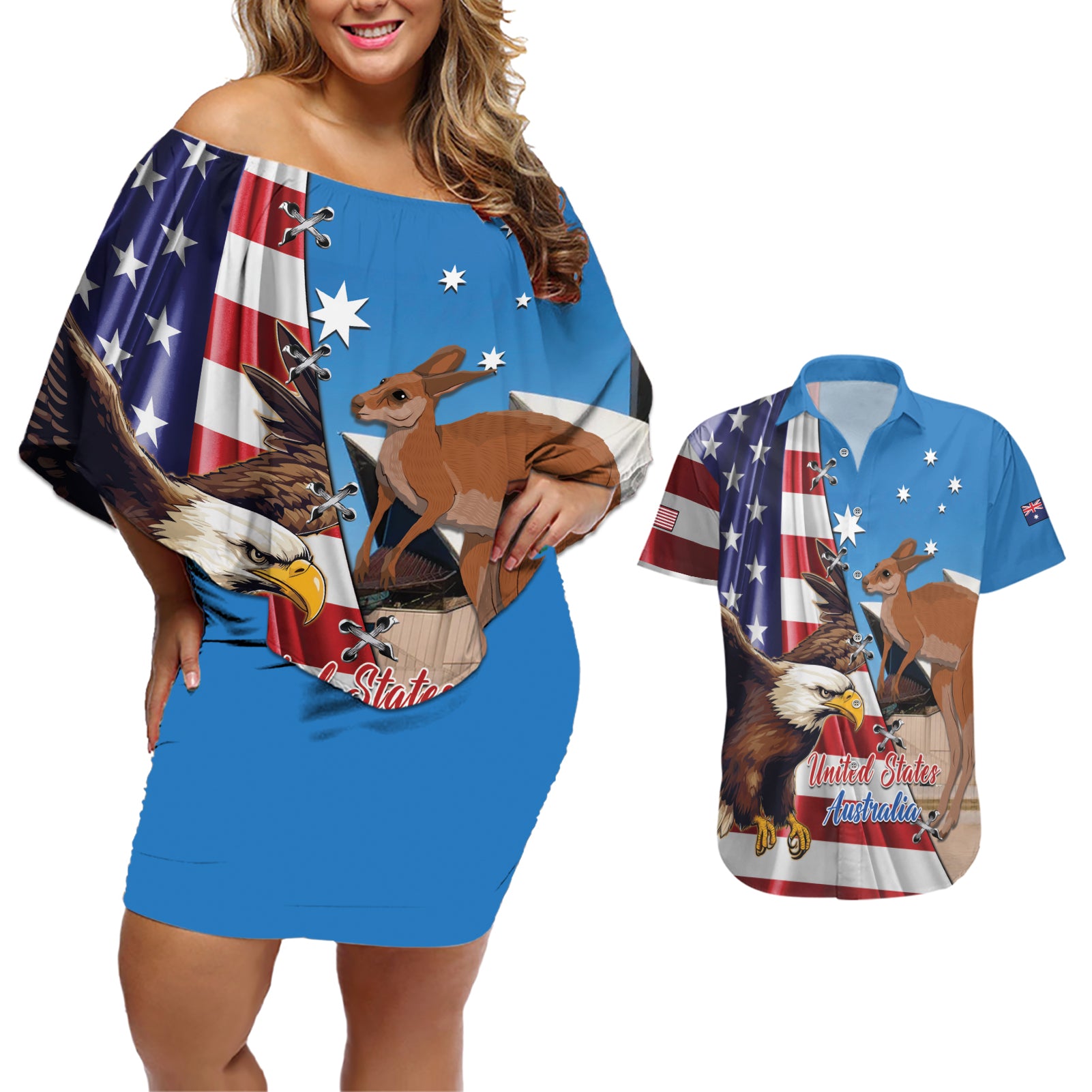 Personalised United States And Australia Couples Matching Off Shoulder Short Dress and Hawaiian Shirt USA Eagle With Aussie Kangaroo - Wonder Print Shop