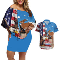 Personalised United States And Australia Couples Matching Off Shoulder Short Dress and Hawaiian Shirt USA Eagle With Aussie Kangaroo - Wonder Print Shop
