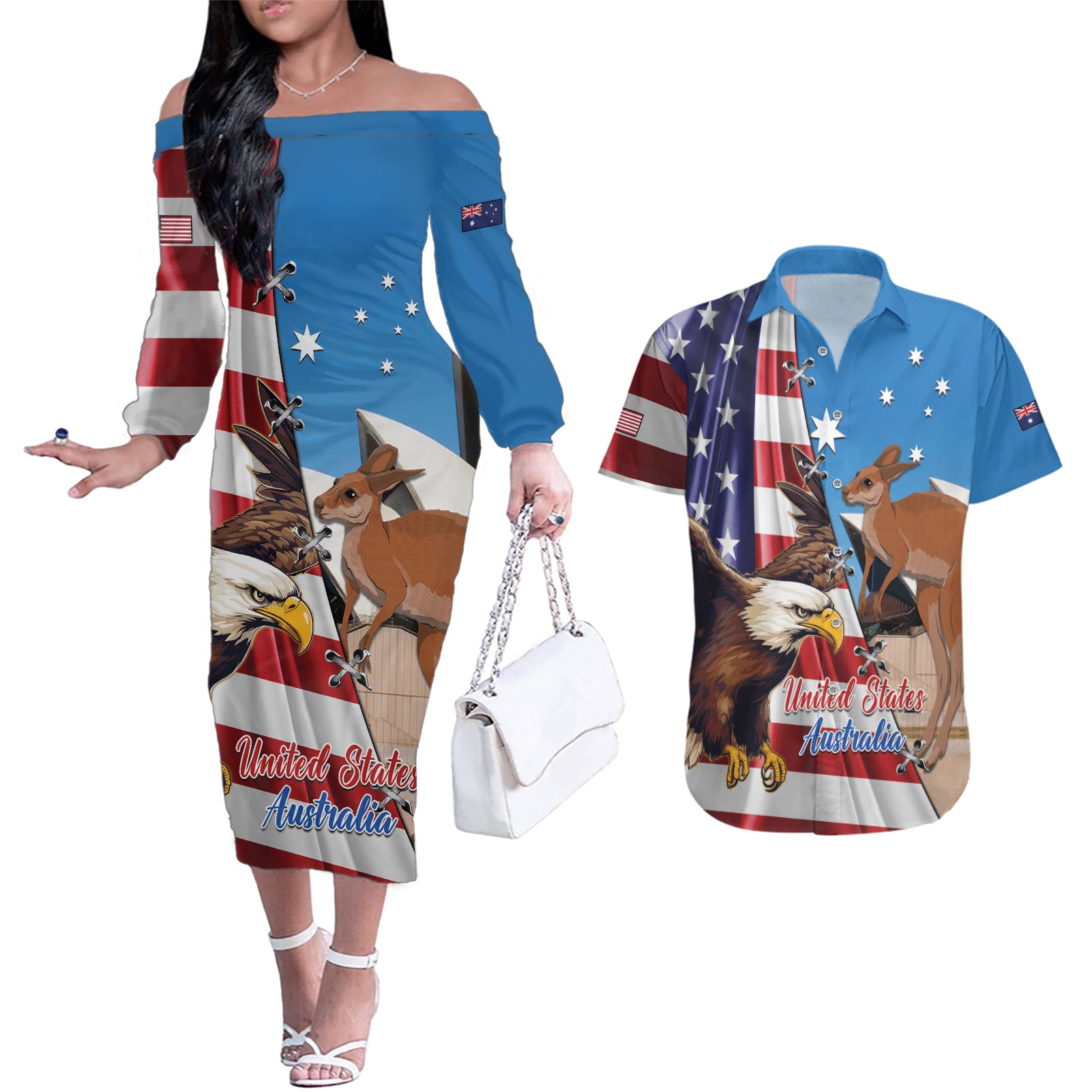 Personalised United States And Australia Couples Matching Off The Shoulder Long Sleeve Dress and Hawaiian Shirt USA Eagle With Aussie Kangaroo - Wonder Print Shop