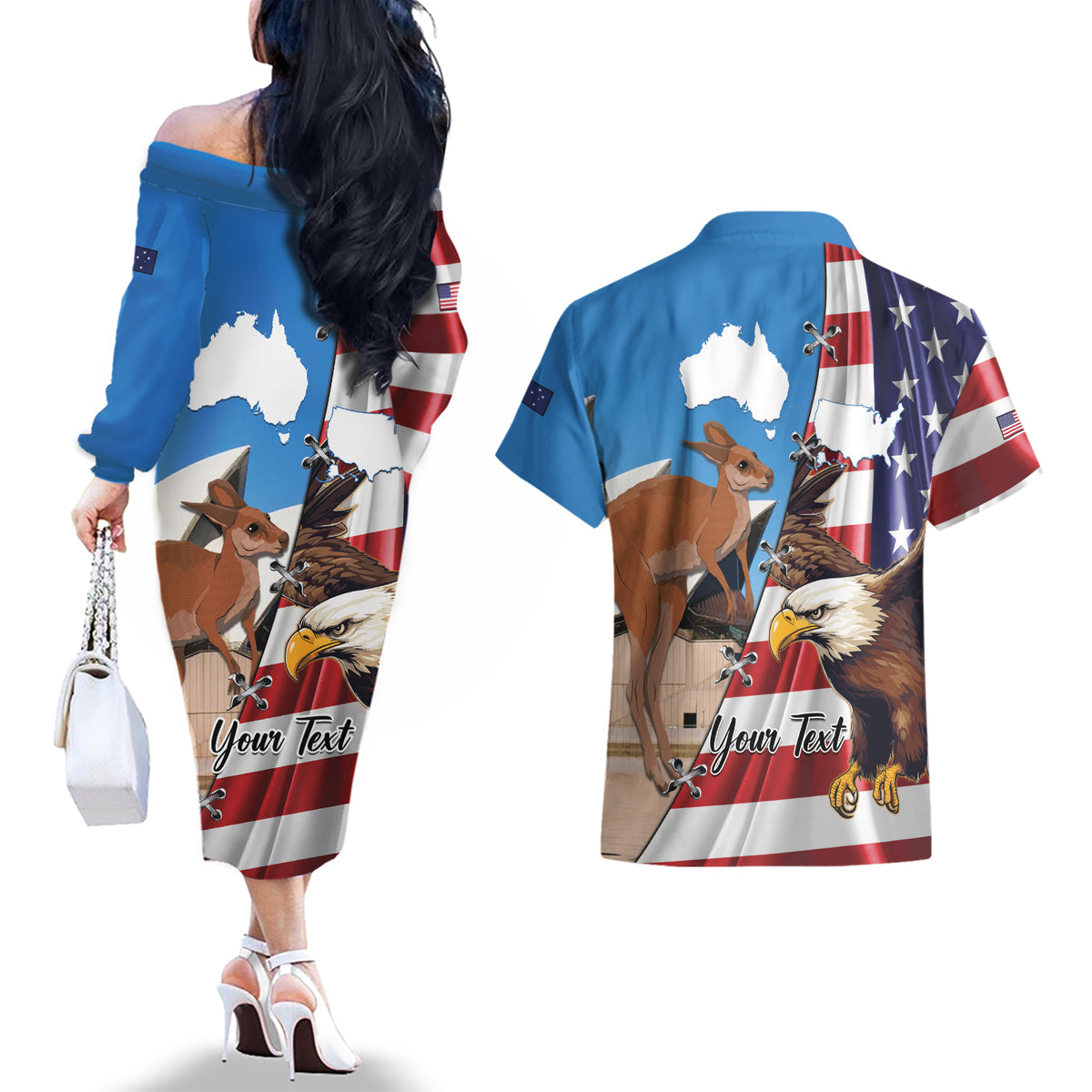 Personalised United States And Australia Couples Matching Off The Shoulder Long Sleeve Dress and Hawaiian Shirt USA Eagle With Aussie Kangaroo - Wonder Print Shop