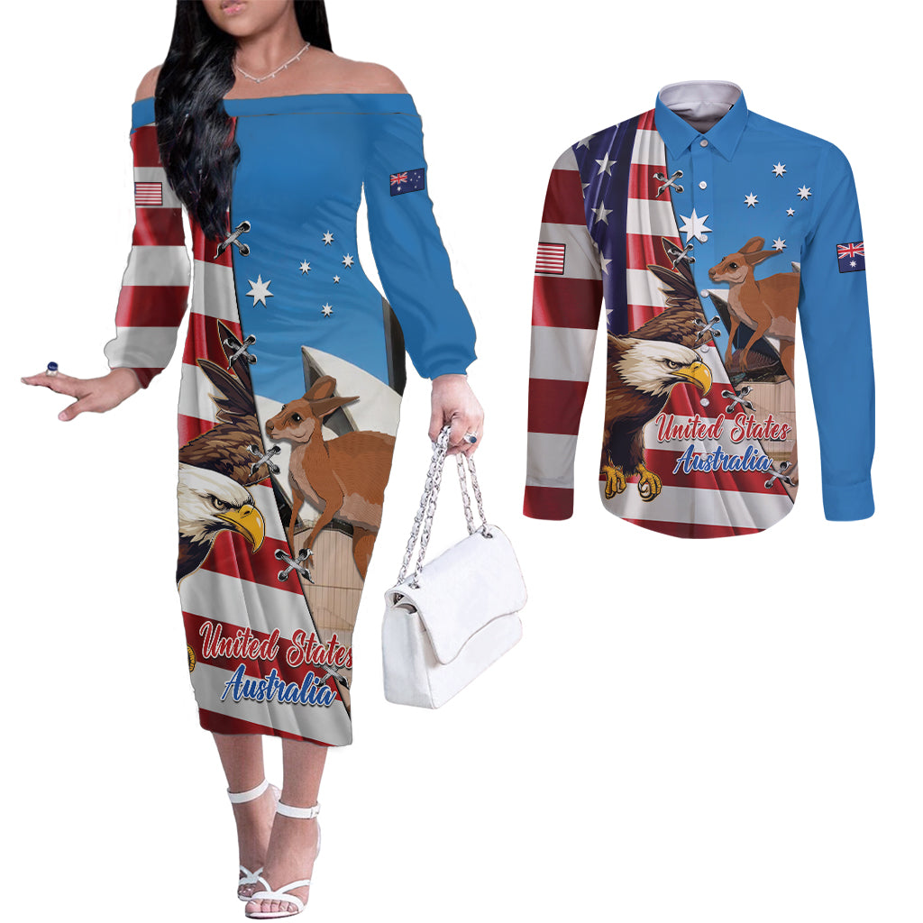 Personalised United States And Australia Couples Matching Off The Shoulder Long Sleeve Dress and Long Sleeve Button Shirt USA Eagle With Aussie Kangaroo