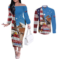 Personalised United States And Australia Couples Matching Off The Shoulder Long Sleeve Dress and Long Sleeve Button Shirt USA Eagle With Aussie Kangaroo