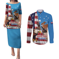 Personalised United States And Australia Couples Matching Puletasi and Long Sleeve Button Shirt USA Eagle With Aussie Kangaroo - Wonder Print Shop