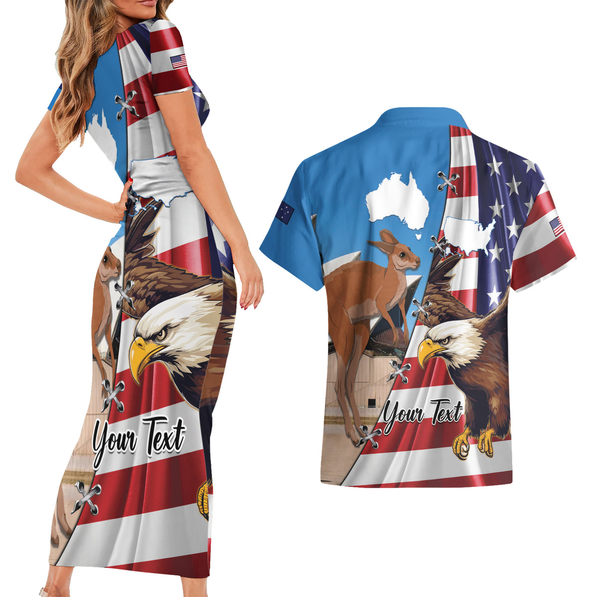Personalised United States And Australia Couples Matching Short Sleeve Bodycon Dress and Hawaiian Shirt USA Eagle With Aussie Kangaroo - Wonder Print Shop