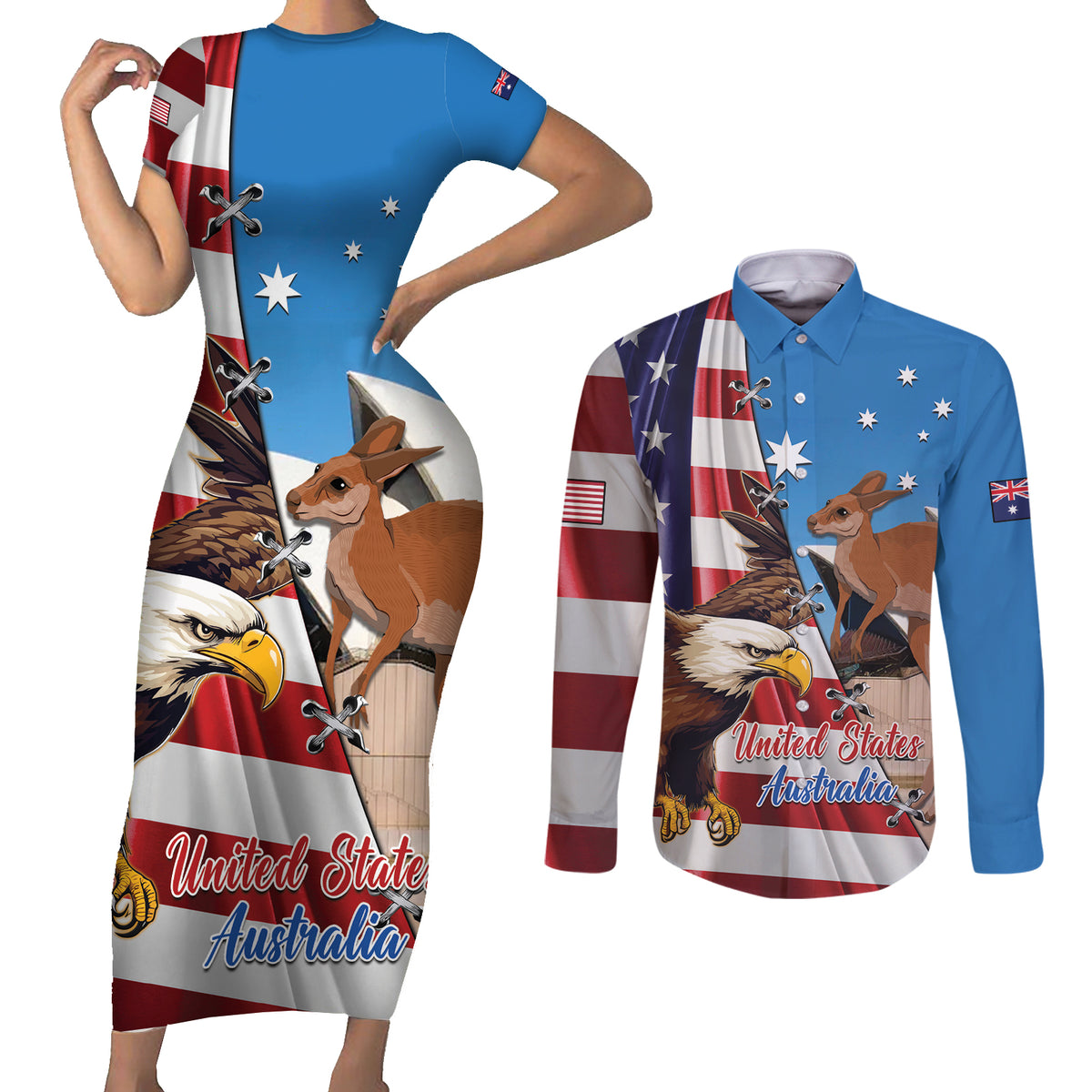 Personalised United States And Australia Couples Matching Short Sleeve Bodycon Dress and Long Sleeve Button Shirt USA Eagle With Aussie Kangaroo - Wonder Print Shop