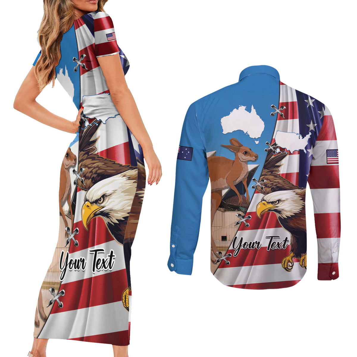 Personalised United States And Australia Couples Matching Short Sleeve Bodycon Dress and Long Sleeve Button Shirt USA Eagle With Aussie Kangaroo - Wonder Print Shop