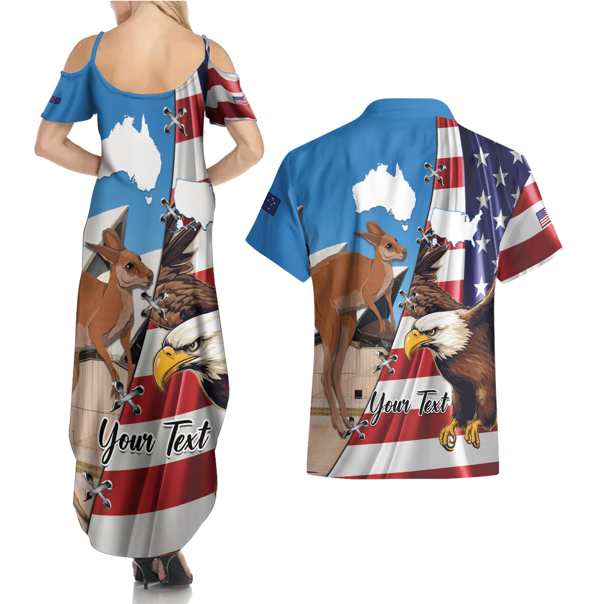 Personalised United States And Australia Couples Matching Summer Maxi Dress and Hawaiian Shirt USA Eagle With Aussie Kangaroo - Wonder Print Shop