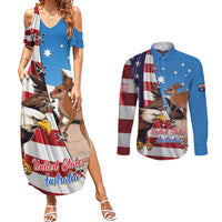 Personalised United States And Australia Couples Matching Summer Maxi Dress and Long Sleeve Button Shirt USA Eagle With Aussie Kangaroo - Wonder Print Shop