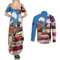 Personalised United States And Australia Couples Matching Summer Maxi Dress and Long Sleeve Button Shirt USA Eagle With Aussie Kangaroo - Wonder Print Shop