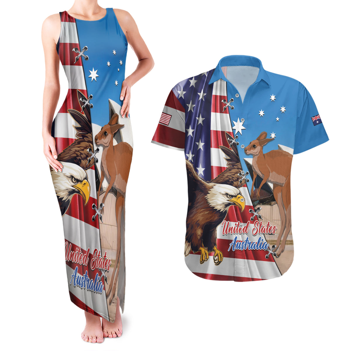 Personalised United States And Australia Couples Matching Tank Maxi Dress and Hawaiian Shirt USA Eagle With Aussie Kangaroo - Wonder Print Shop