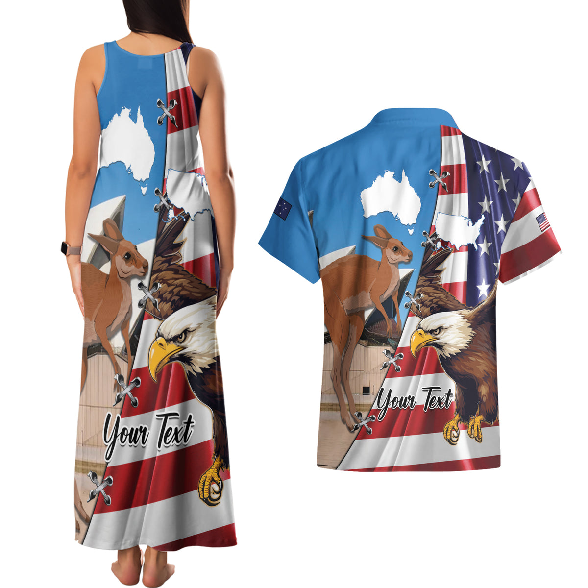 Personalised United States And Australia Couples Matching Tank Maxi Dress and Hawaiian Shirt USA Eagle With Aussie Kangaroo - Wonder Print Shop