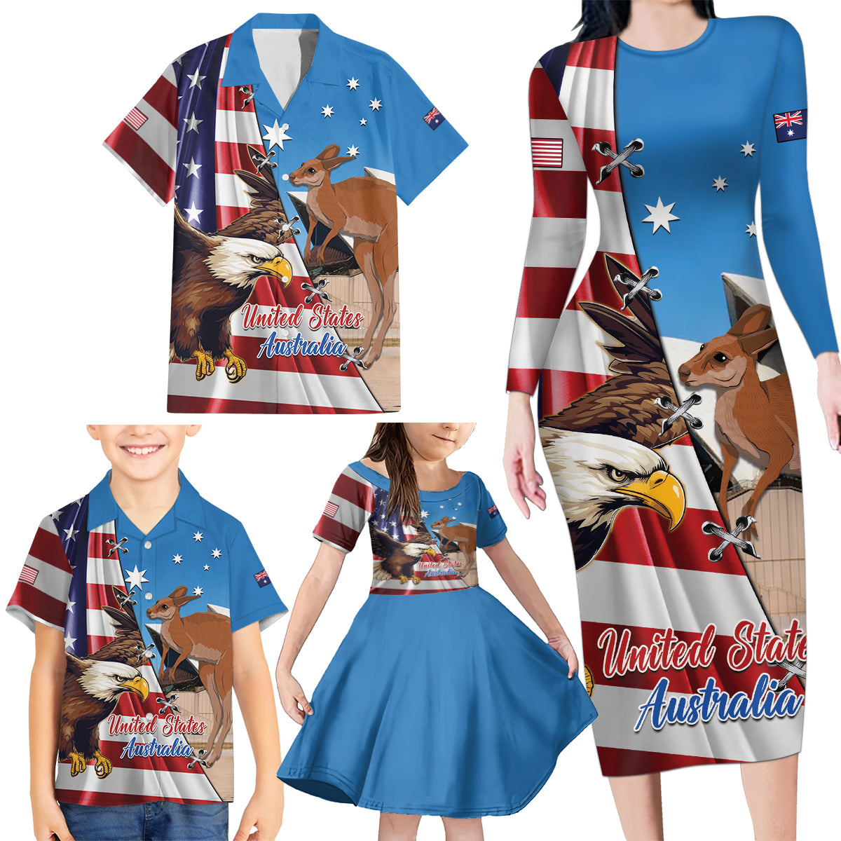 Personalised United States And Australia Family Matching Long Sleeve Bodycon Dress and Hawaiian Shirt USA Eagle With Aussie Kangaroo - Wonder Print Shop