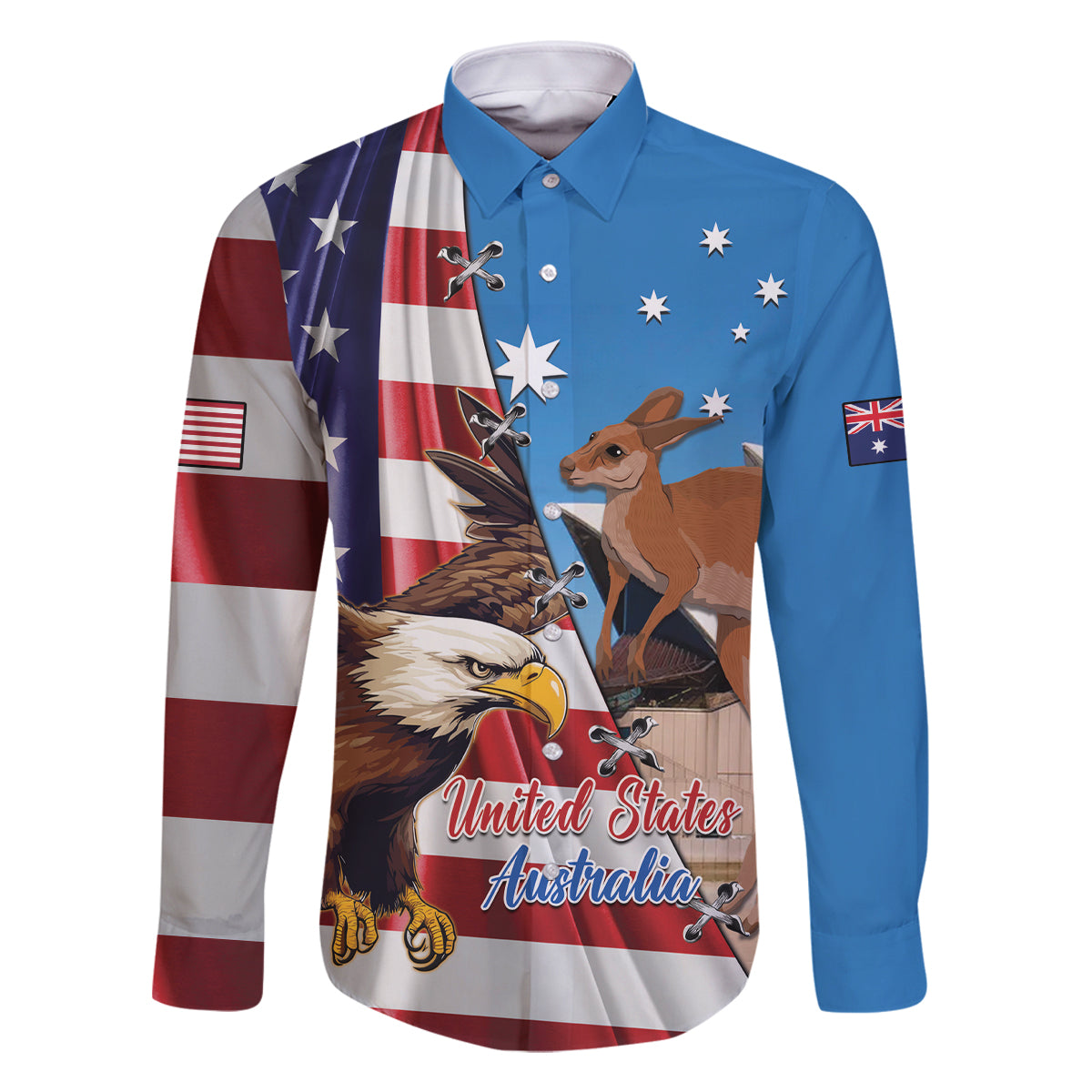 Personalised United States And Australia Family Matching Long Sleeve Bodycon Dress and Hawaiian Shirt USA Eagle With Aussie Kangaroo - Wonder Print Shop