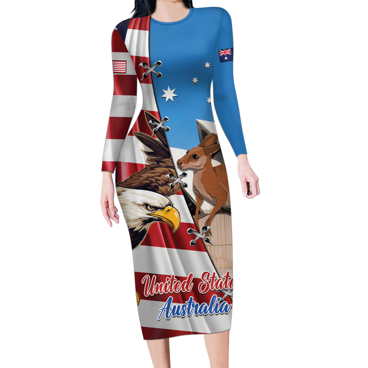 Personalised United States And Australia Family Matching Long Sleeve Bodycon Dress and Hawaiian Shirt USA Eagle With Aussie Kangaroo - Wonder Print Shop