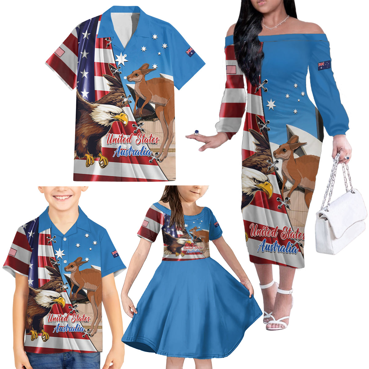 Personalised United States And Australia Family Matching Off The Shoulder Long Sleeve Dress and Hawaiian Shirt USA Eagle With Aussie Kangaroo - Wonder Print Shop