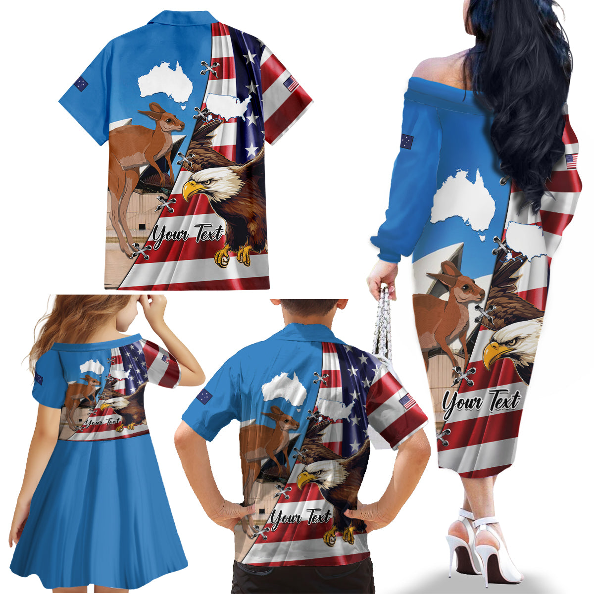 Personalised United States And Australia Family Matching Off The Shoulder Long Sleeve Dress and Hawaiian Shirt USA Eagle With Aussie Kangaroo - Wonder Print Shop