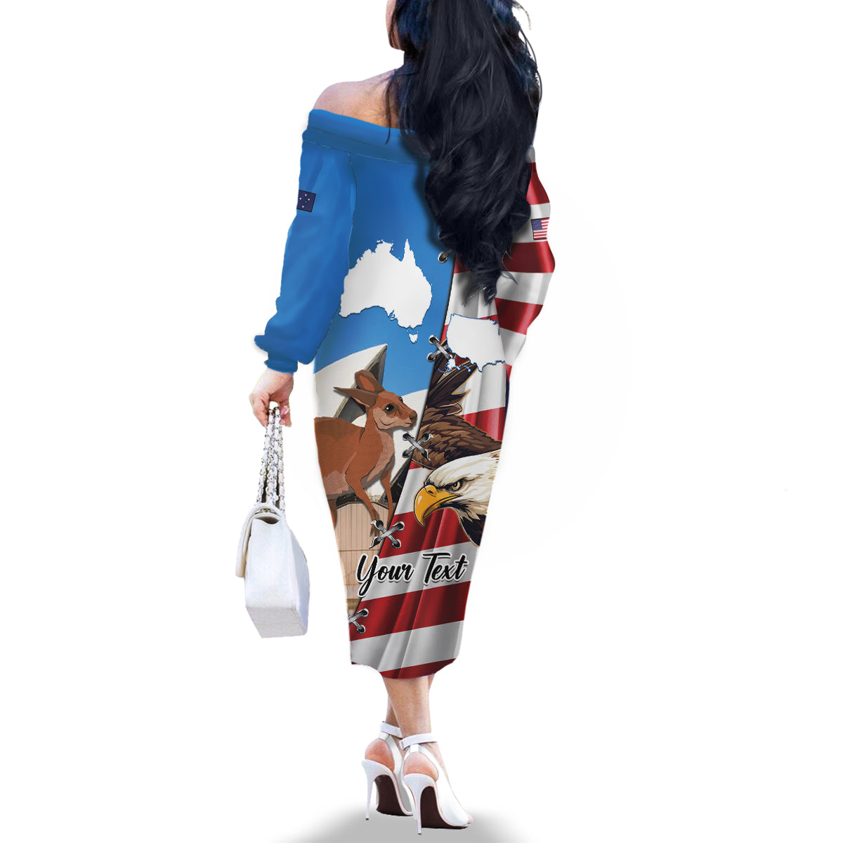 Personalised United States And Australia Family Matching Off The Shoulder Long Sleeve Dress and Hawaiian Shirt USA Eagle With Aussie Kangaroo - Wonder Print Shop