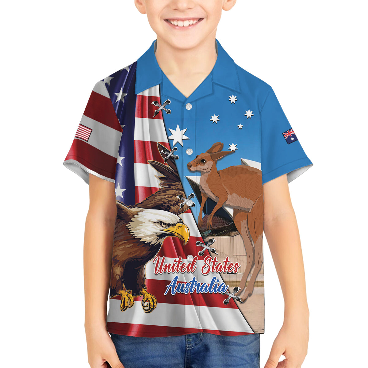 Personalised United States And Australia Family Matching Off The Shoulder Long Sleeve Dress and Hawaiian Shirt USA Eagle With Aussie Kangaroo - Wonder Print Shop