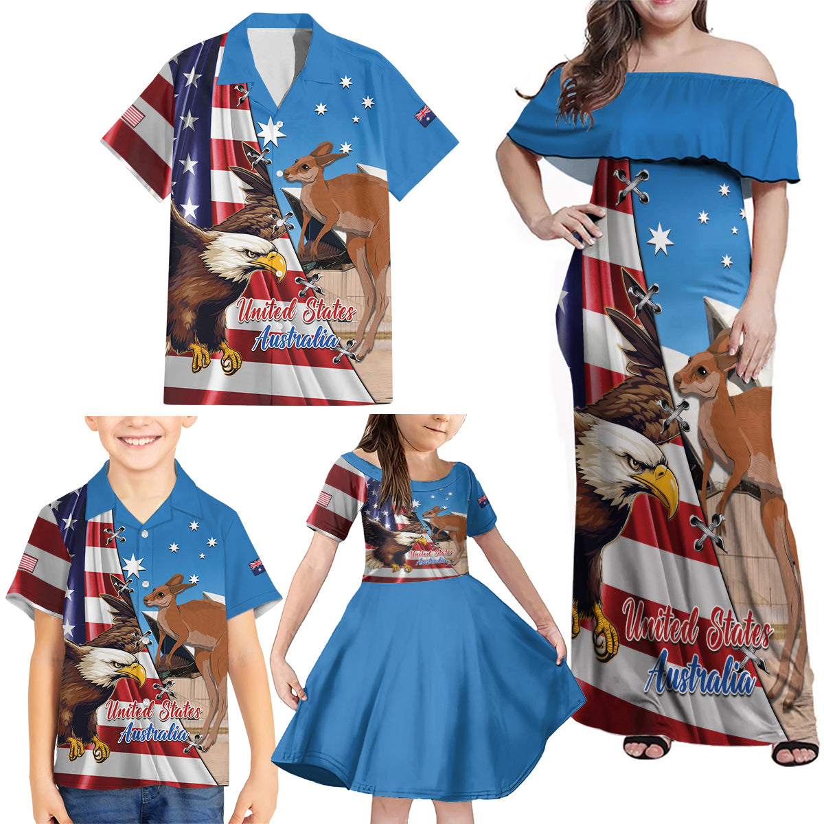 Personalised United States And Australia Family Matching Off Shoulder Maxi Dress and Hawaiian Shirt USA Eagle With Aussie Kangaroo - Wonder Print Shop