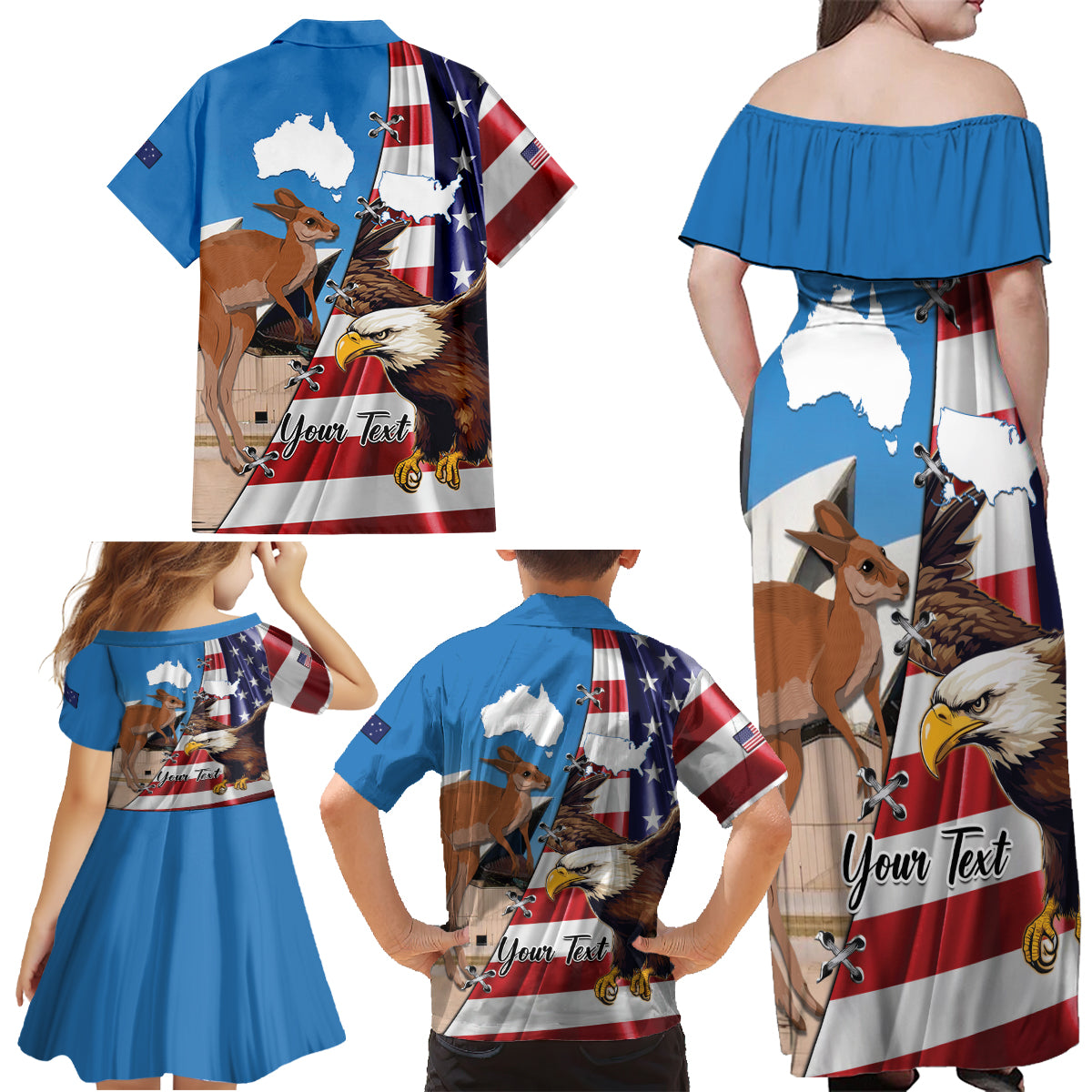 Personalised United States And Australia Family Matching Off Shoulder Maxi Dress and Hawaiian Shirt USA Eagle With Aussie Kangaroo - Wonder Print Shop