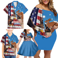 Personalised United States And Australia Family Matching Off Shoulder Short Dress and Hawaiian Shirt USA Eagle With Aussie Kangaroo - Wonder Print Shop
