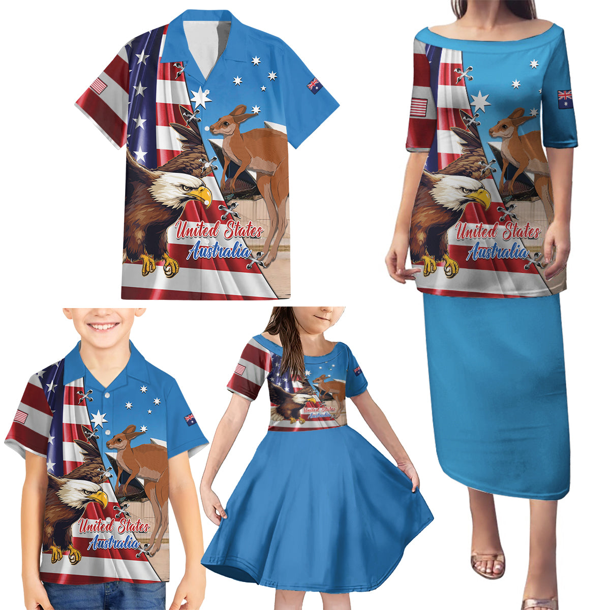 Personalised United States And Australia Family Matching Puletasi and Hawaiian Shirt USA Eagle With Aussie Kangaroo - Wonder Print Shop
