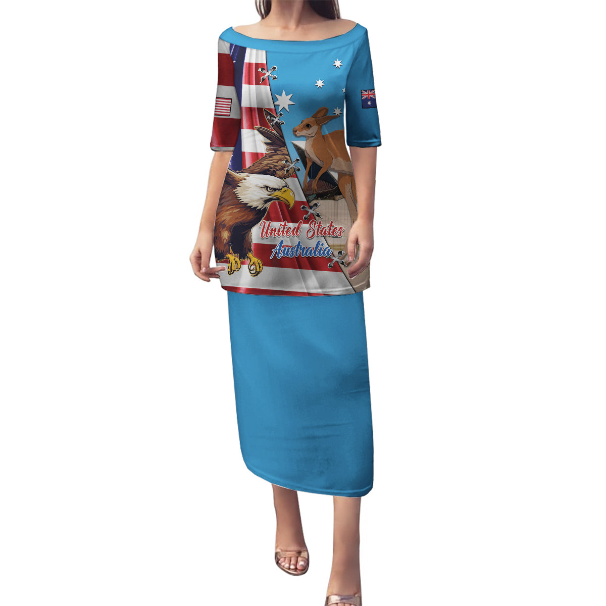 Personalised United States And Australia Family Matching Puletasi and Hawaiian Shirt USA Eagle With Aussie Kangaroo - Wonder Print Shop