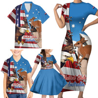 Personalised United States And Australia Family Matching Short Sleeve Bodycon Dress and Hawaiian Shirt USA Eagle With Aussie Kangaroo - Wonder Print Shop