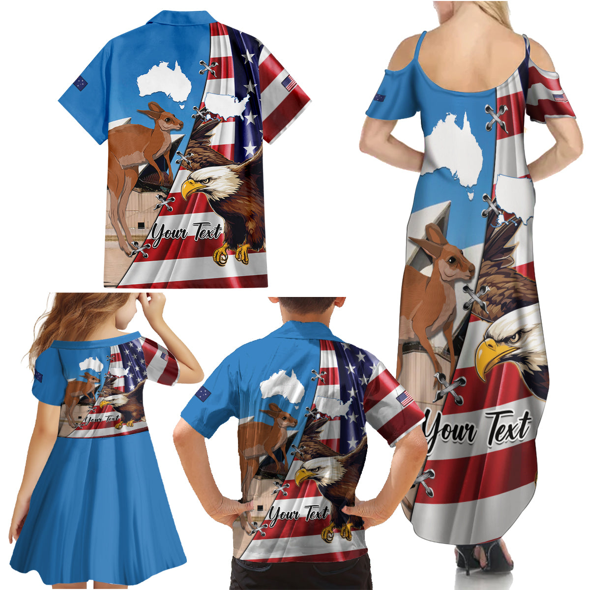 Personalised United States And Australia Family Matching Summer Maxi Dress and Hawaiian Shirt USA Eagle With Aussie Kangaroo - Wonder Print Shop