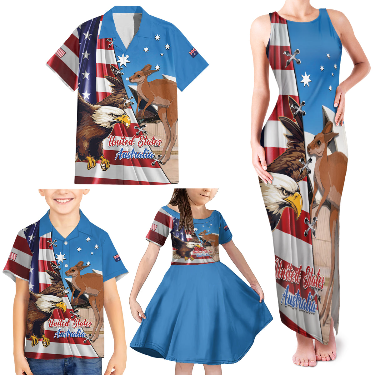 Personalised United States And Australia Family Matching Tank Maxi Dress and Hawaiian Shirt USA Eagle With Aussie Kangaroo - Wonder Print Shop