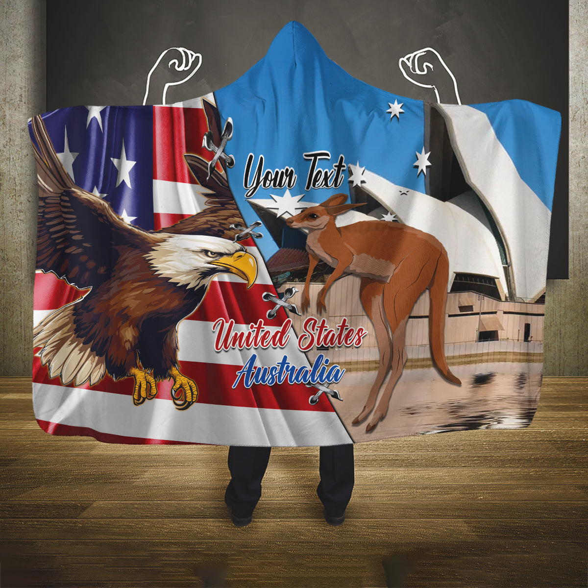 Personalised United States And Australia Hooded Blanket USA Eagle With Aussie Kangaroo