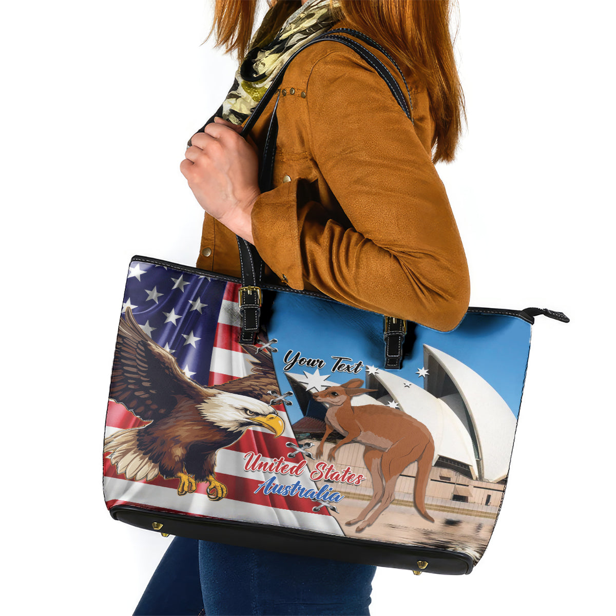 Personalised United States And Australia Leather Tote Bag USA Eagle With Aussie Kangaroo - Wonder Print Shop