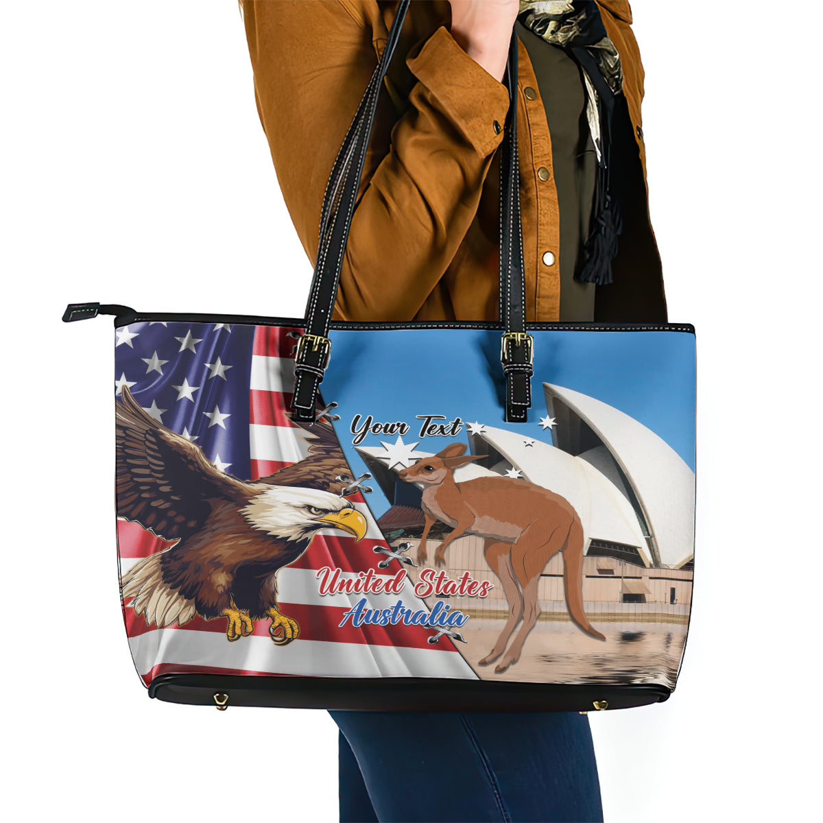 Personalised United States And Australia Leather Tote Bag USA Eagle With Aussie Kangaroo - Wonder Print Shop