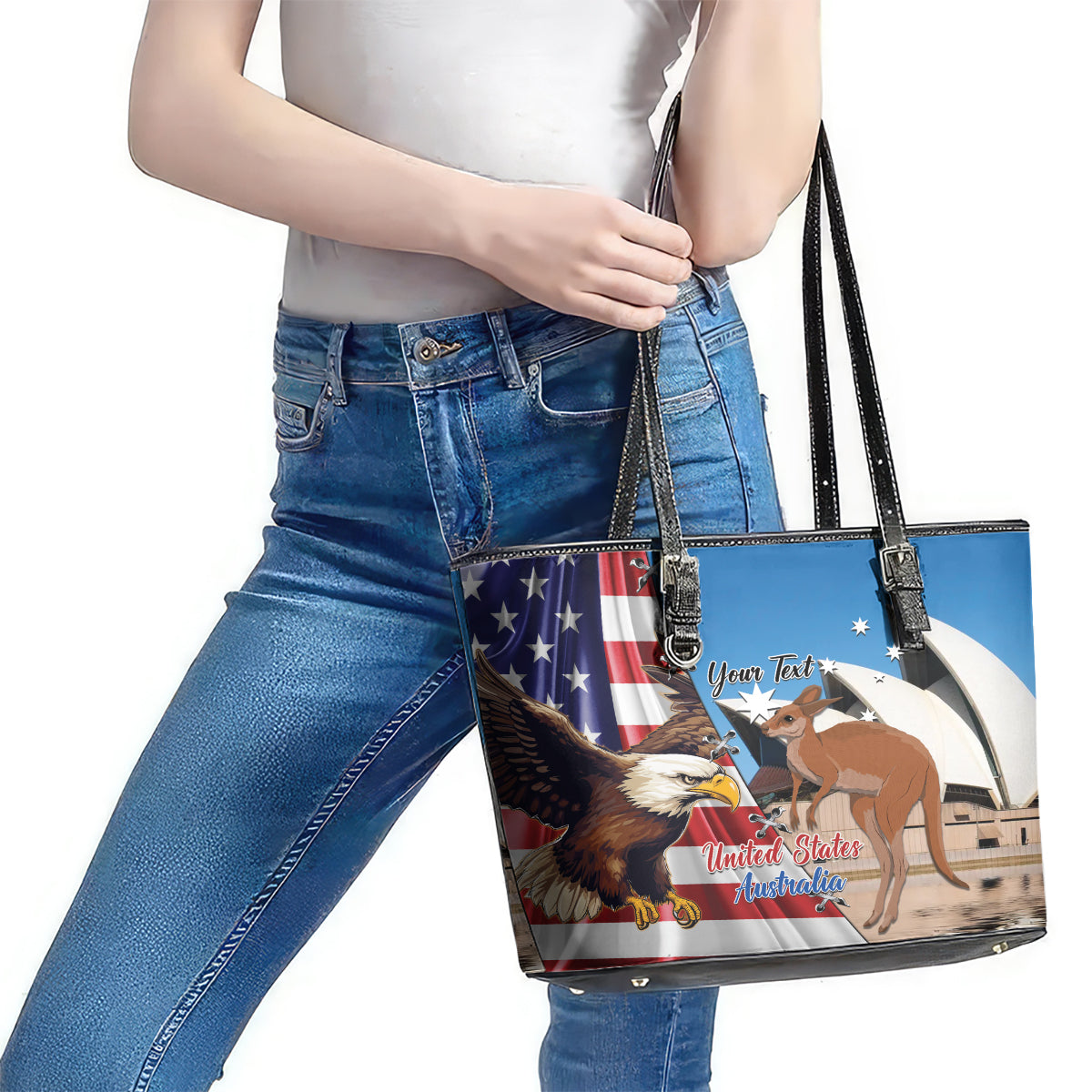 Personalised United States And Australia Leather Tote Bag USA Eagle With Aussie Kangaroo - Wonder Print Shop
