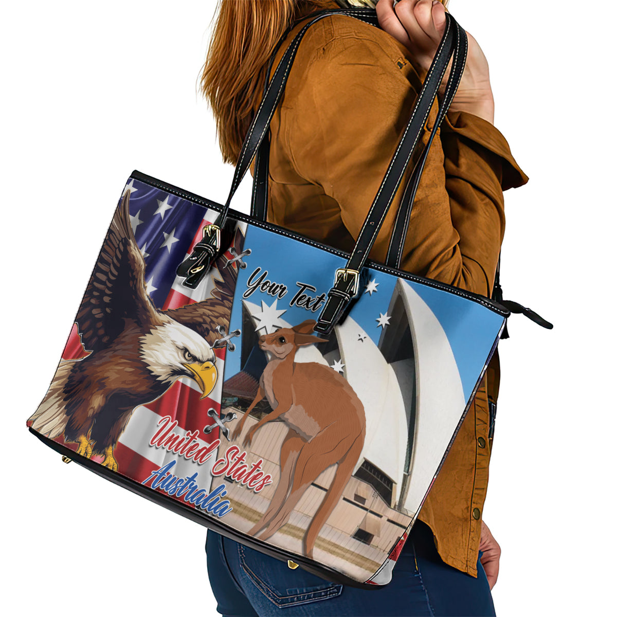 Personalised United States And Australia Leather Tote Bag USA Eagle With Aussie Kangaroo - Wonder Print Shop