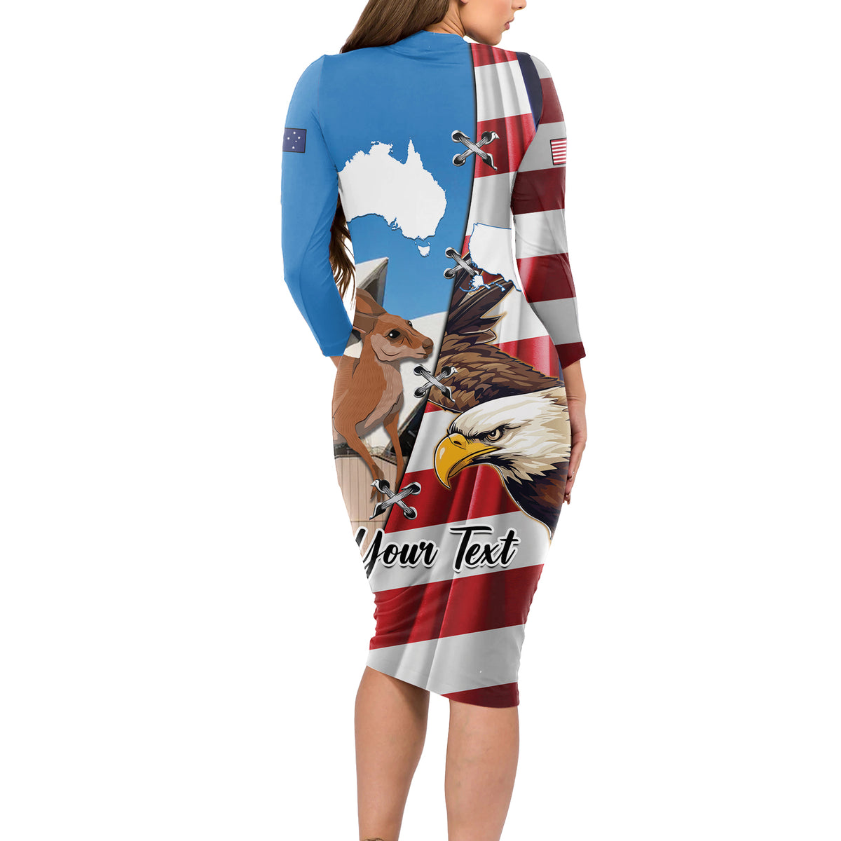 Personalised United States And Australia Long Sleeve Bodycon Dress USA Eagle With Aussie Kangaroo - Wonder Print Shop