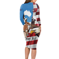 Personalised United States And Australia Long Sleeve Bodycon Dress USA Eagle With Aussie Kangaroo - Wonder Print Shop