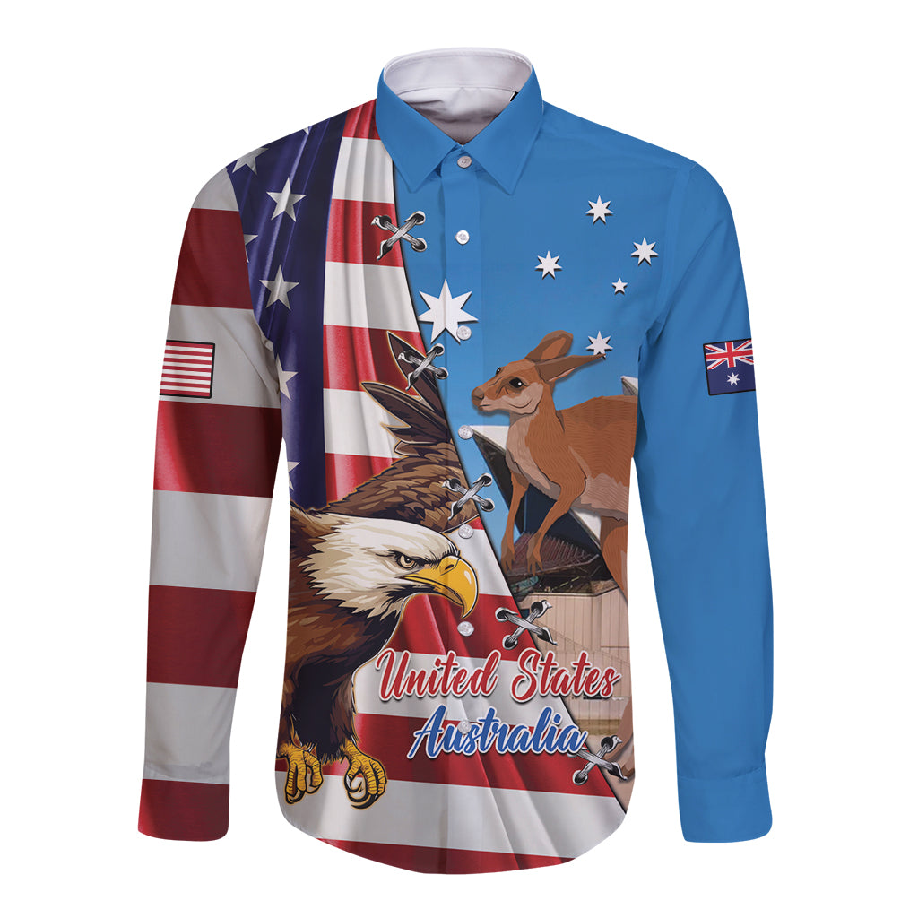 Personalised United States And Australia Long Sleeve Button Shirt USA Eagle With Aussie Kangaroo - Wonder Print Shop