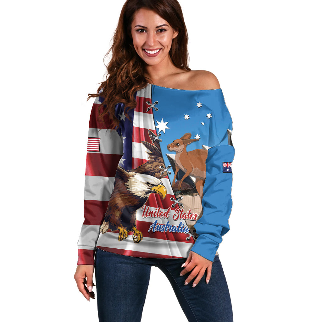 Personalised United States And Australia Off Shoulder Sweater USA Eagle With Aussie Kangaroo - Wonder Print Shop
