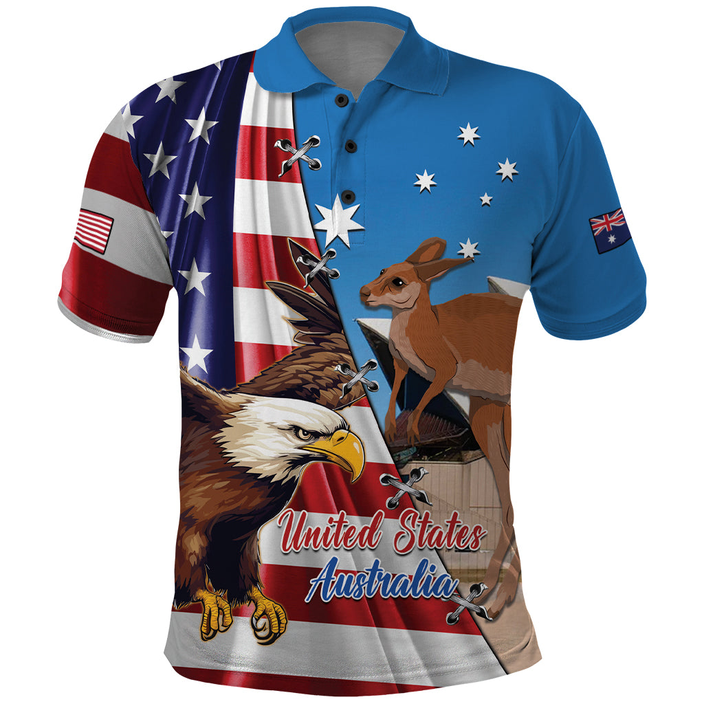 Personalised United States And Australia Polo Shirt USA Eagle With Aussie Kangaroo