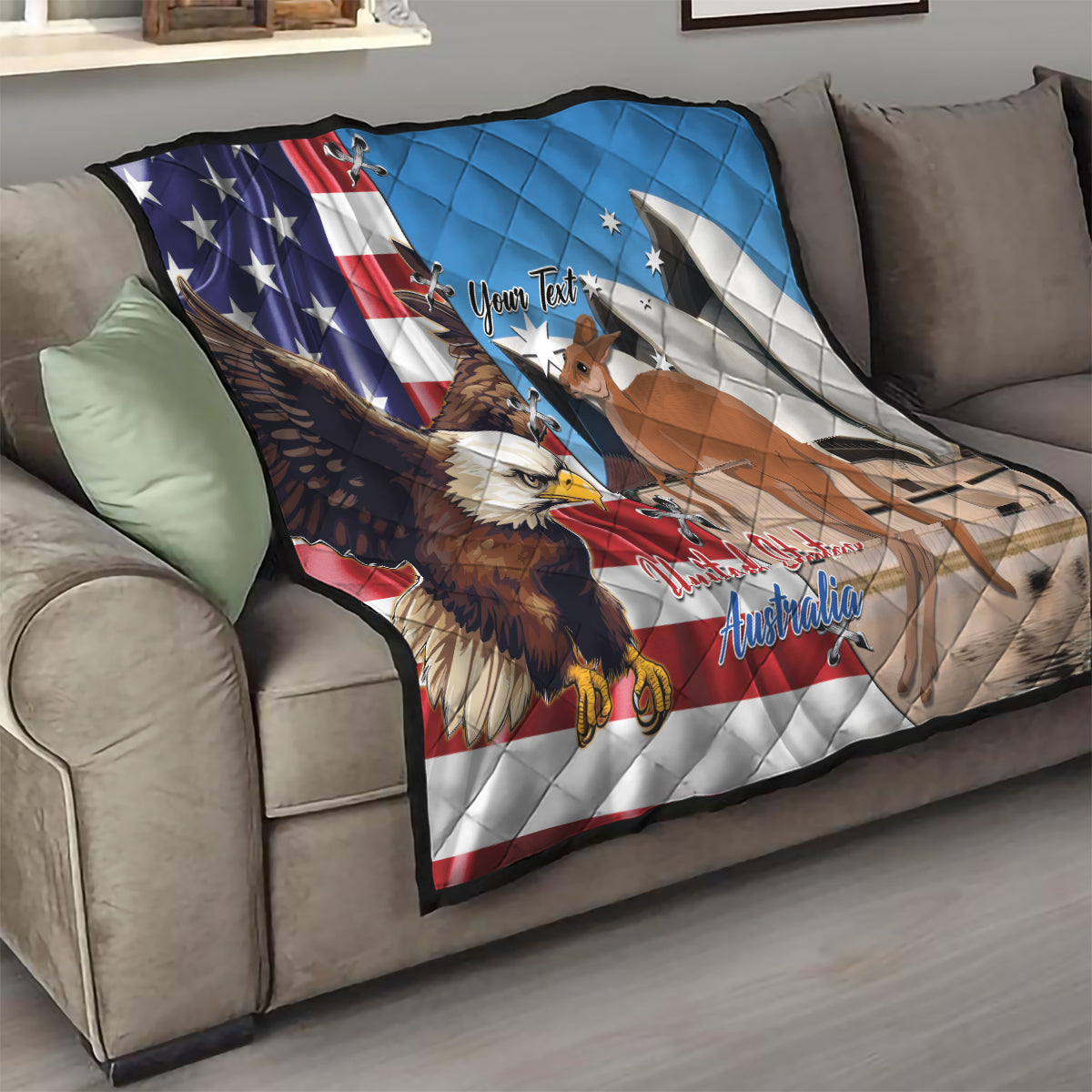 Personalised United States And Australia Quilt USA Eagle With Aussie Kangaroo - Wonder Print Shop