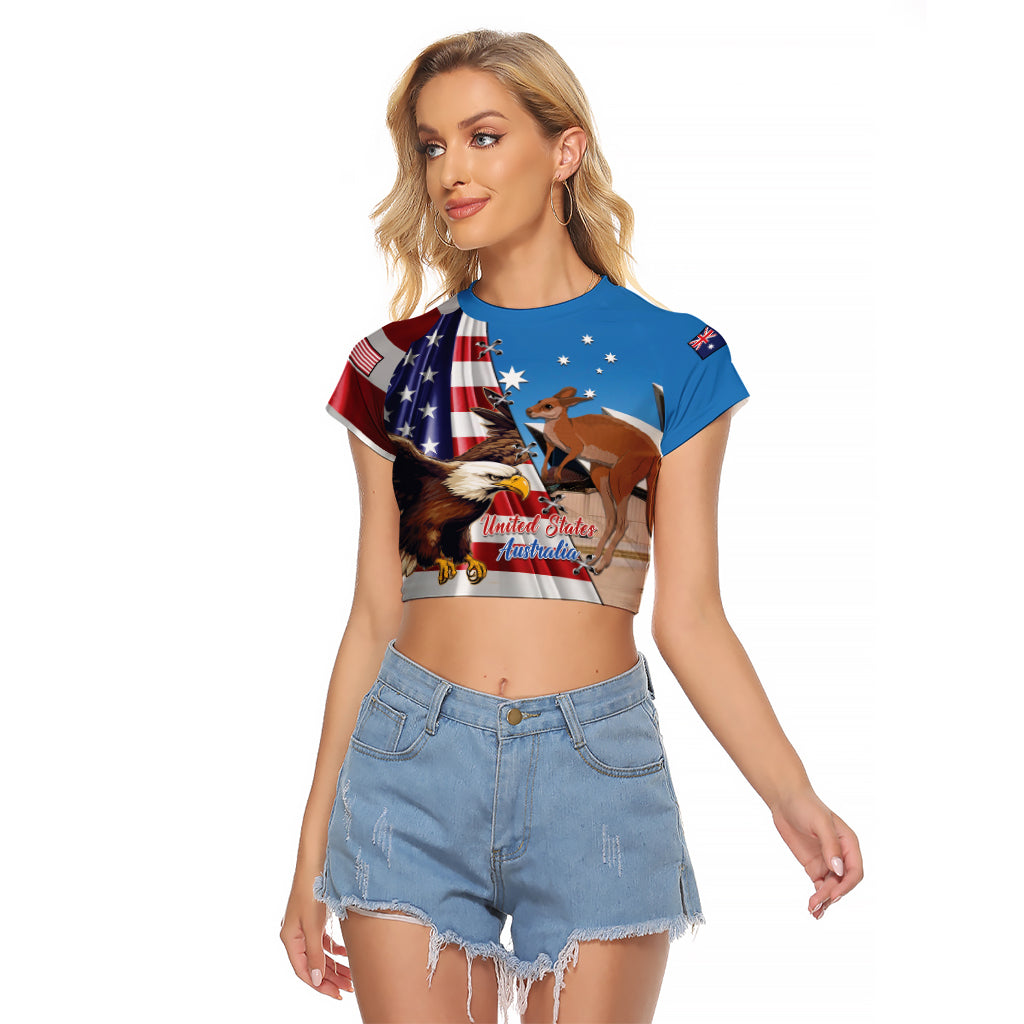 Personalised United States And Australia Raglan Cropped T Shirt USA Eagle With Aussie Kangaroo - Wonder Print Shop