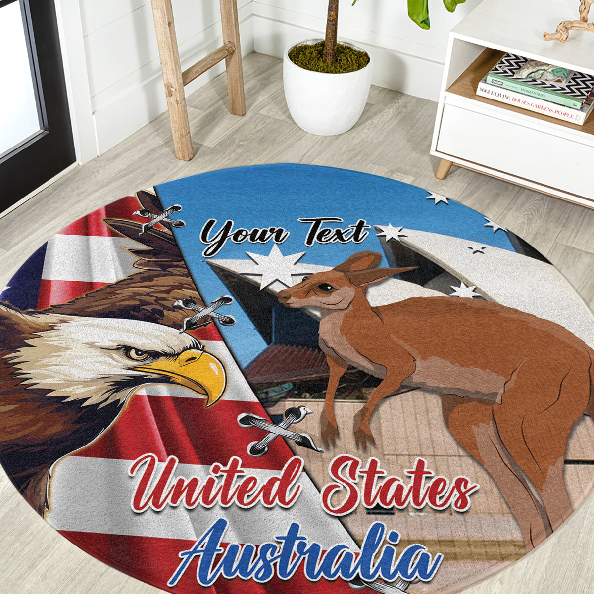 Personalised United States And Australia Round Carpet USA Eagle With Aussie Kangaroo