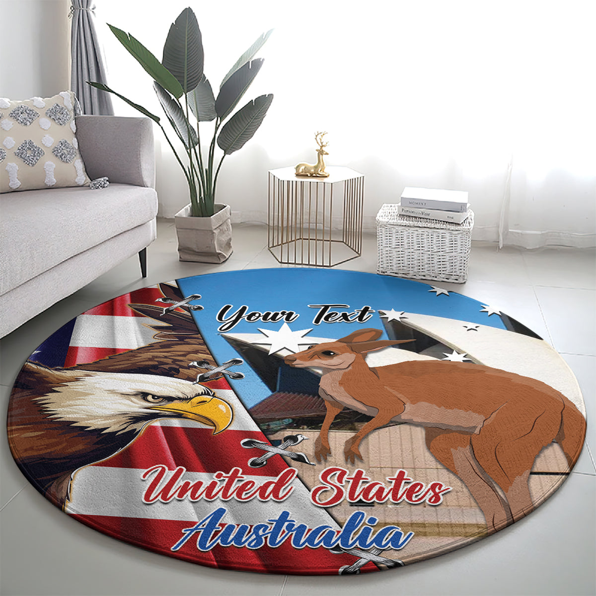 Personalised United States And Australia Round Carpet USA Eagle With Aussie Kangaroo